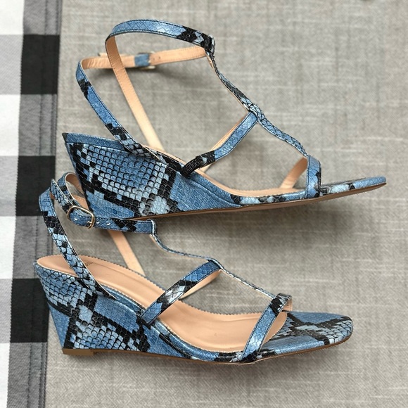 J. Crew T-Strap Wedges in Snake-Embossed Leather in Sky Blue - Picture 6 of 10